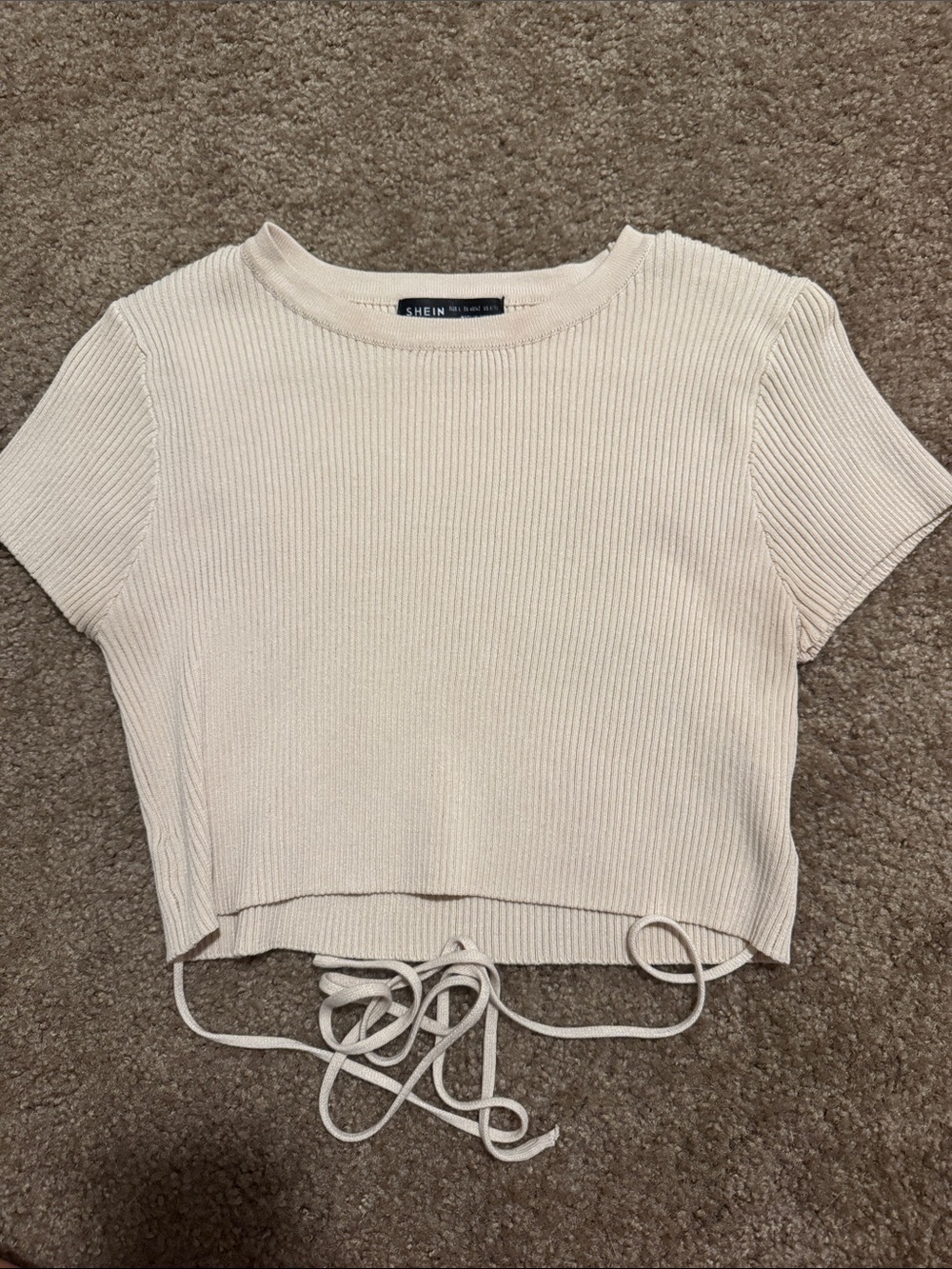 SHEIN Cream Ribbed Tie-Waist Crop Top